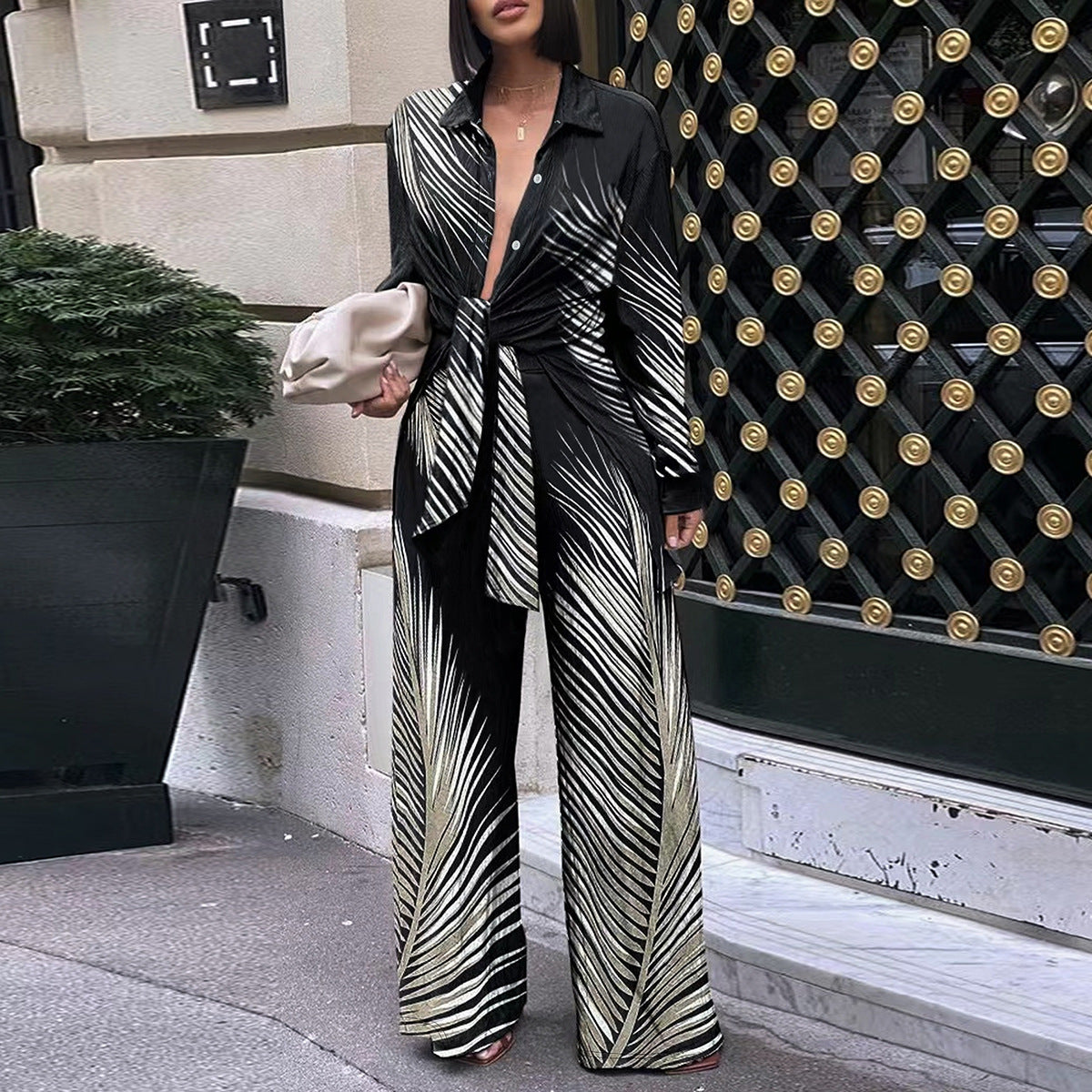 Women's Fashion Printed Long-sleeved Trousers Casual Shirt Two-piece Set