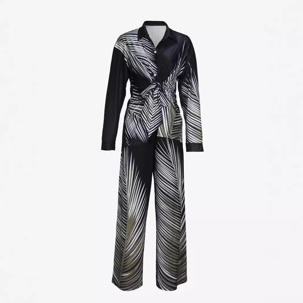 Women's Fashion Printed Long-sleeved Trousers Casual Shirt Two-piece Set