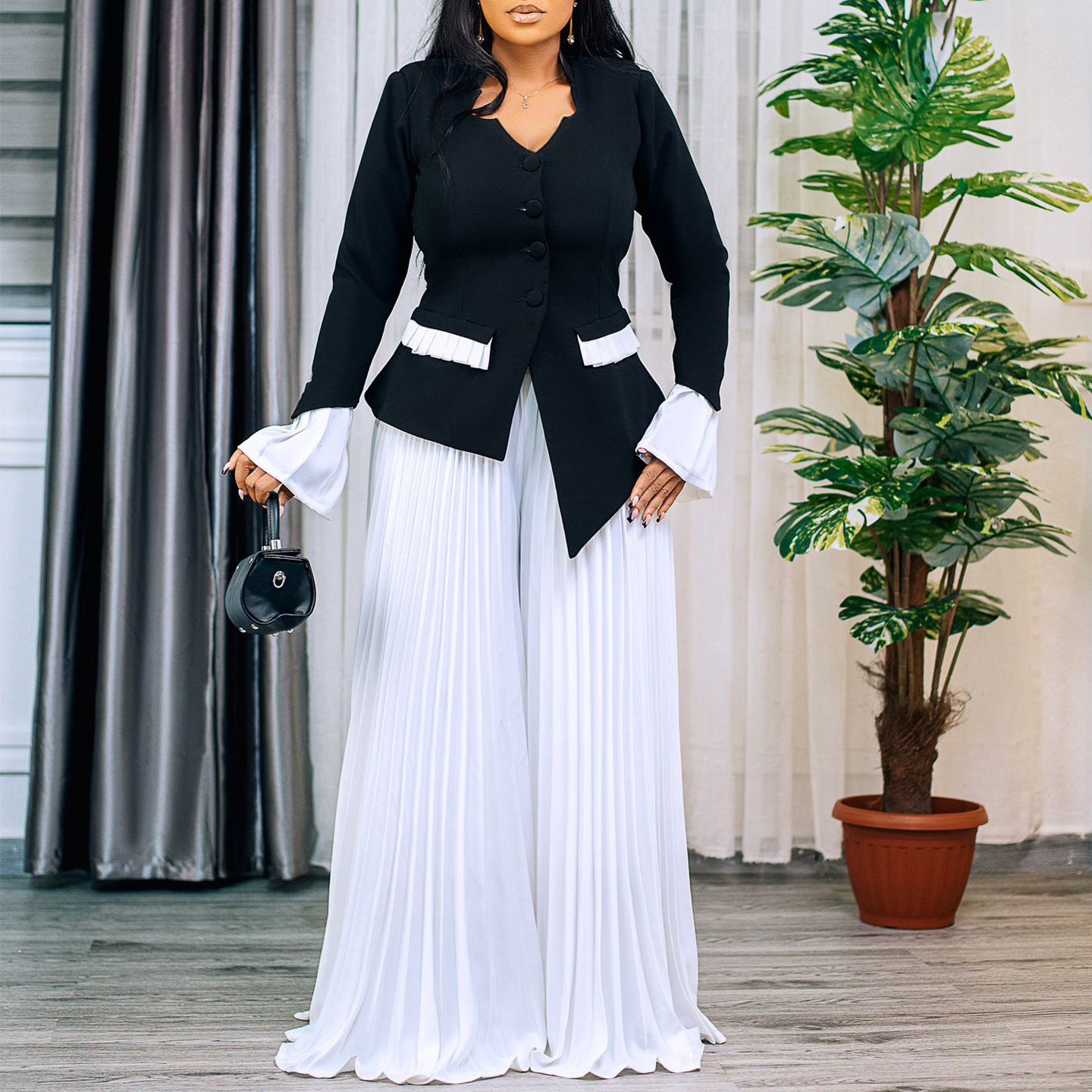 Fashion Flared Sleeves Top Pleated Wide-leg Pants Suit Two-piece Set