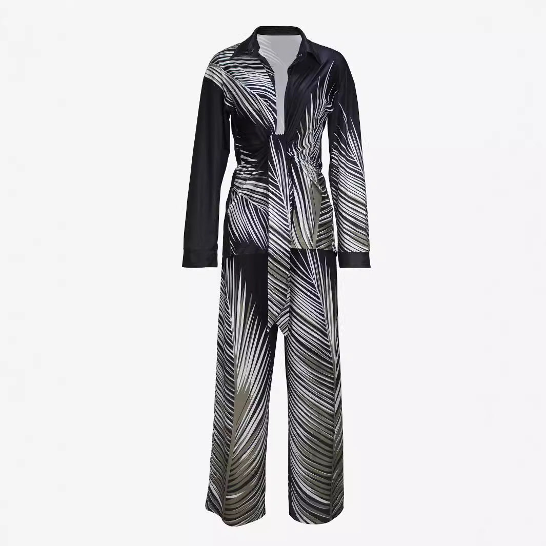 Women's Fashion Printed Long-sleeved Trousers Casual Shirt Two-piece Set