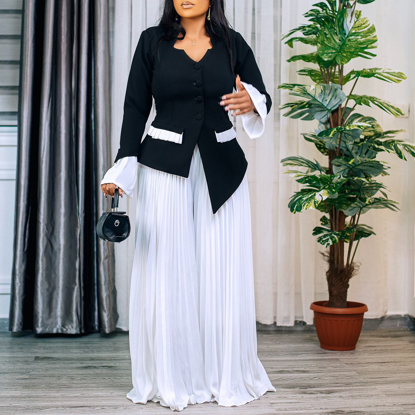 Fashion Flared Sleeves Top Pleated Wide-leg Pants Suit Two-piece Set