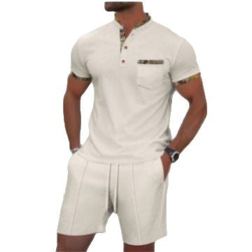 Men's Waffle Zipper Solid Color Polo Collar Short Sleeve Suit