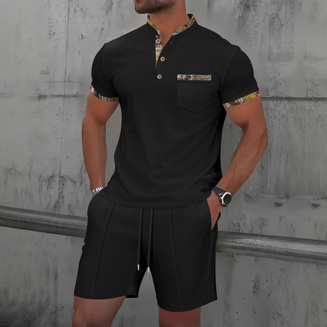 Men's Waffle Zipper Solid Color Polo Collar Short Sleeve Suit