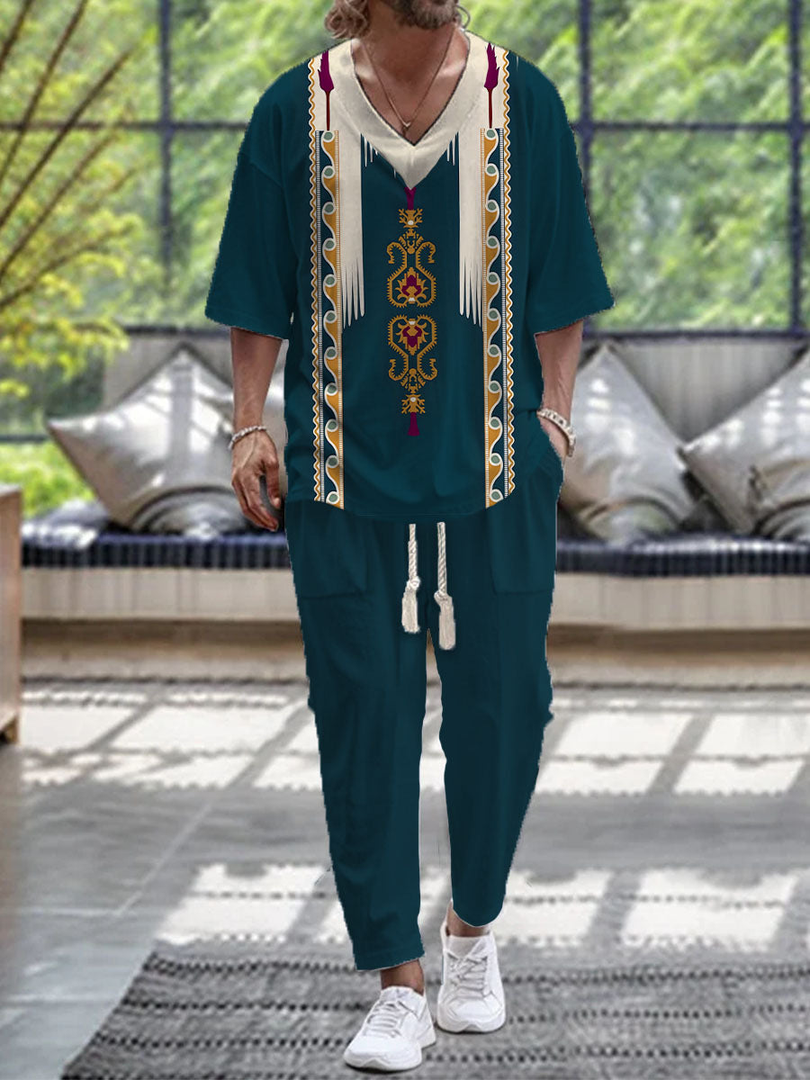 Cropped Sleeves V-neck Trousers Suit