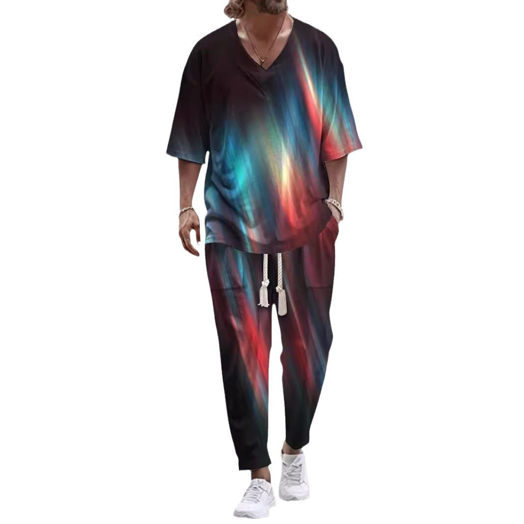 Cropped Sleeves V-neck Trousers Suit
