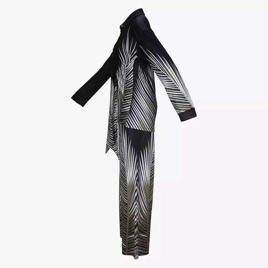 Women's Fashion Printed Long-sleeved Trousers Casual Shirt Two-piece Set