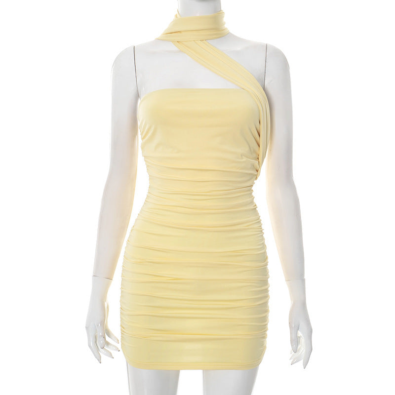 European And American Pure Color Halter Ribbon Tube Top Sexy Dress