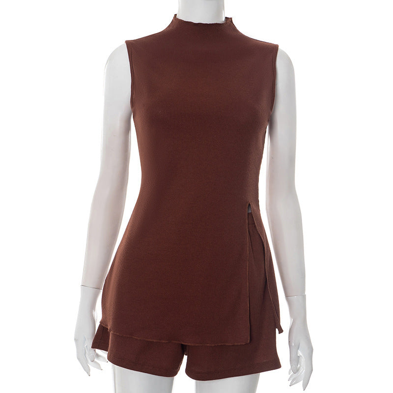 European And American Solid Color Half High Collar Buckle Shorts Suit Women