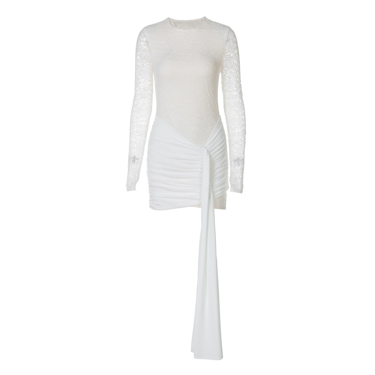 European And American Sexy Round Neck Lace Stitching Long Sleeve Slim Fit Dress