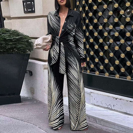 Women's Fashion Printed Long-sleeved Trousers Casual Shirt Two-piece Set